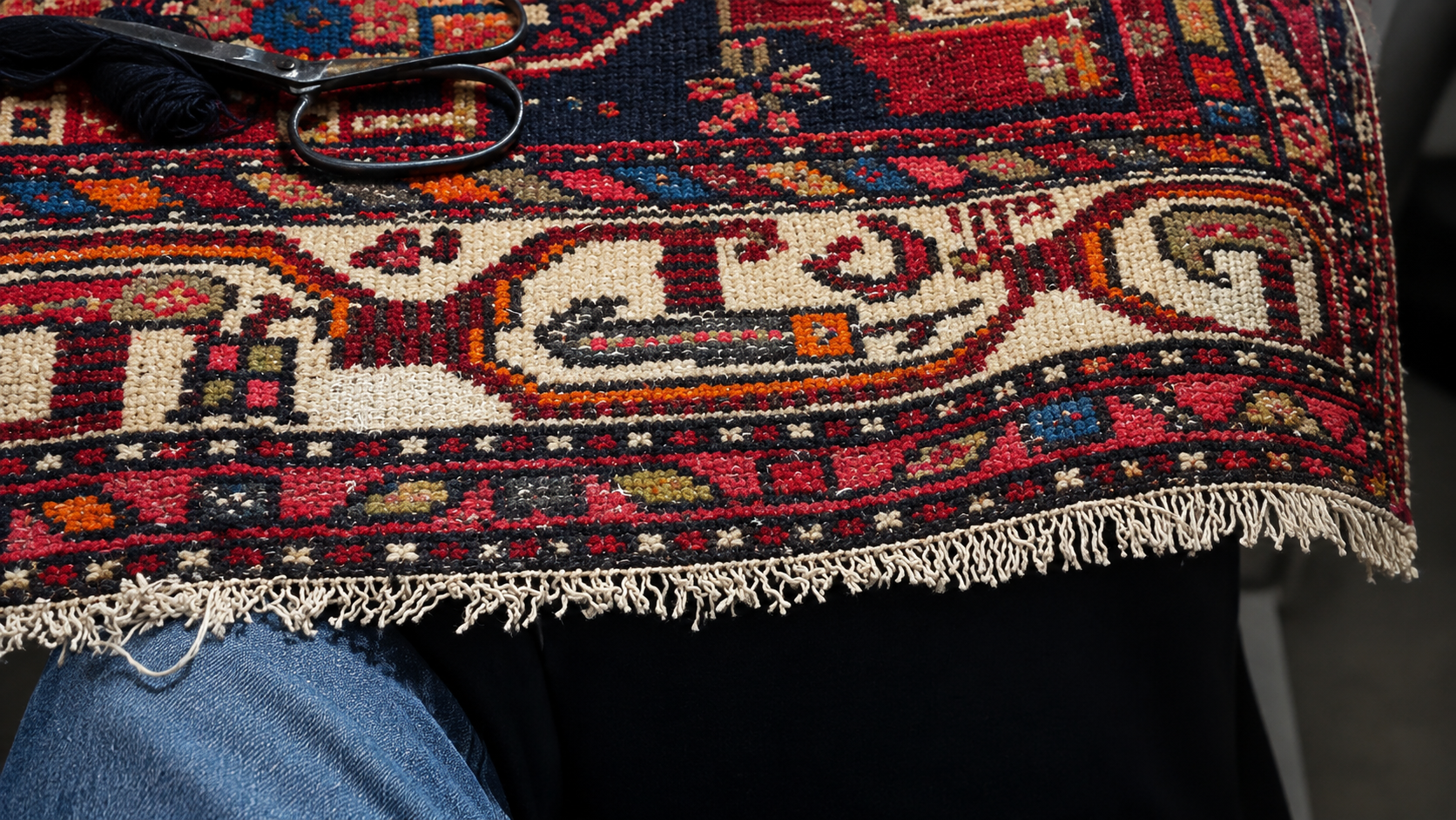 Additional side damage on a Persian carpet before restoration